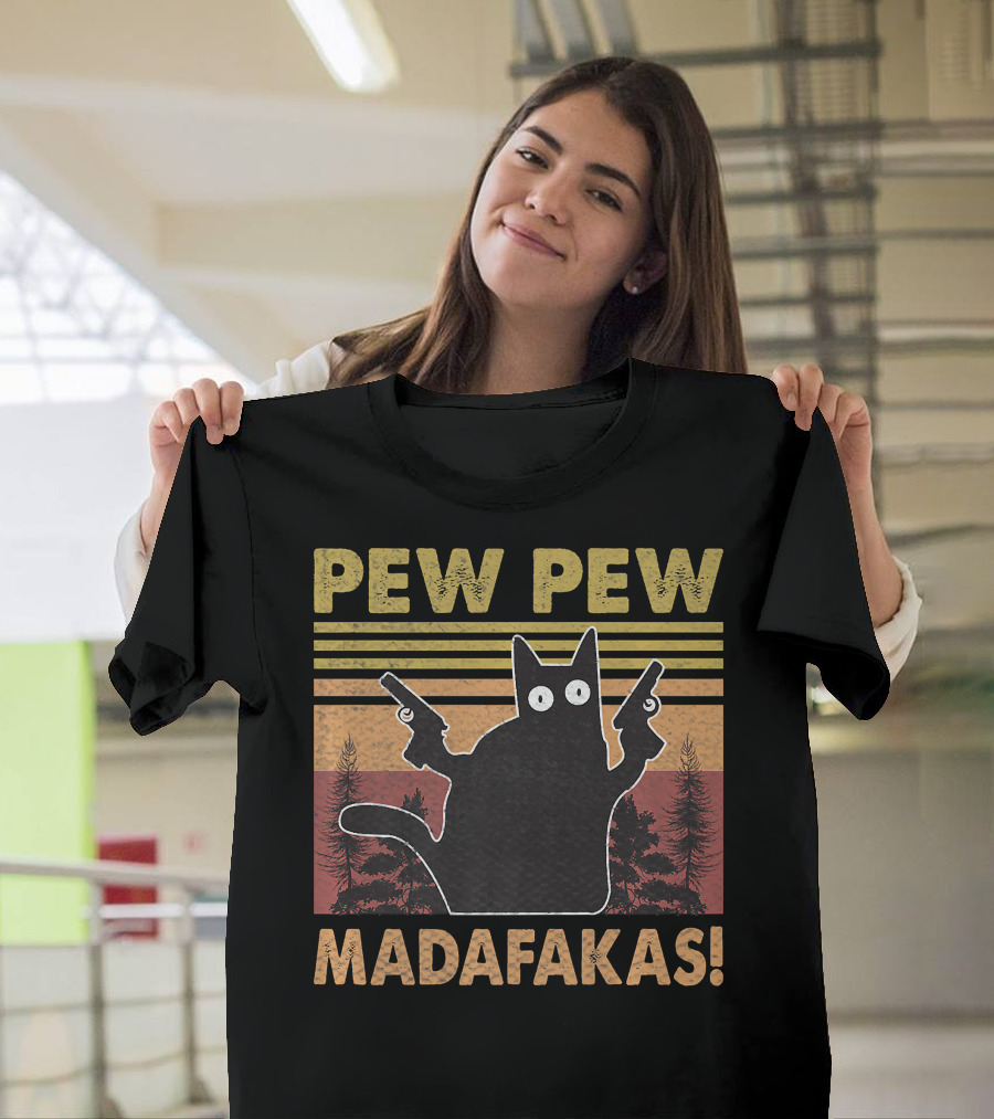 Pew Pew Madafakas Cat Vintage Retro Sunset Forest T-Shirt