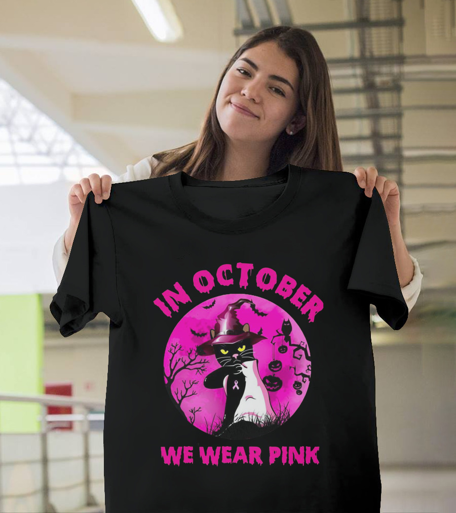 In October We Wear Pink Black Cat Witch Hat Pumpkin Breast Cancer Awareness T-Shirt