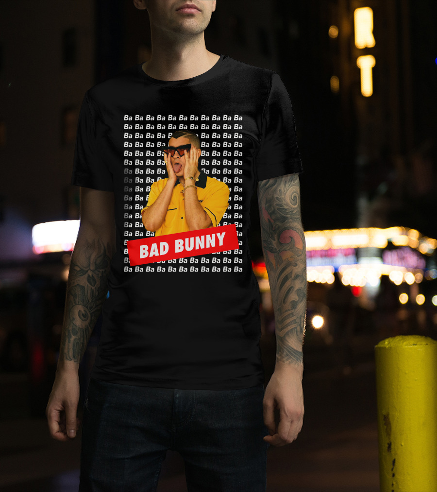 BAD BUNNY Ba Ba Ba Pattern Yellow Shirt Sunglasses T-Shirt