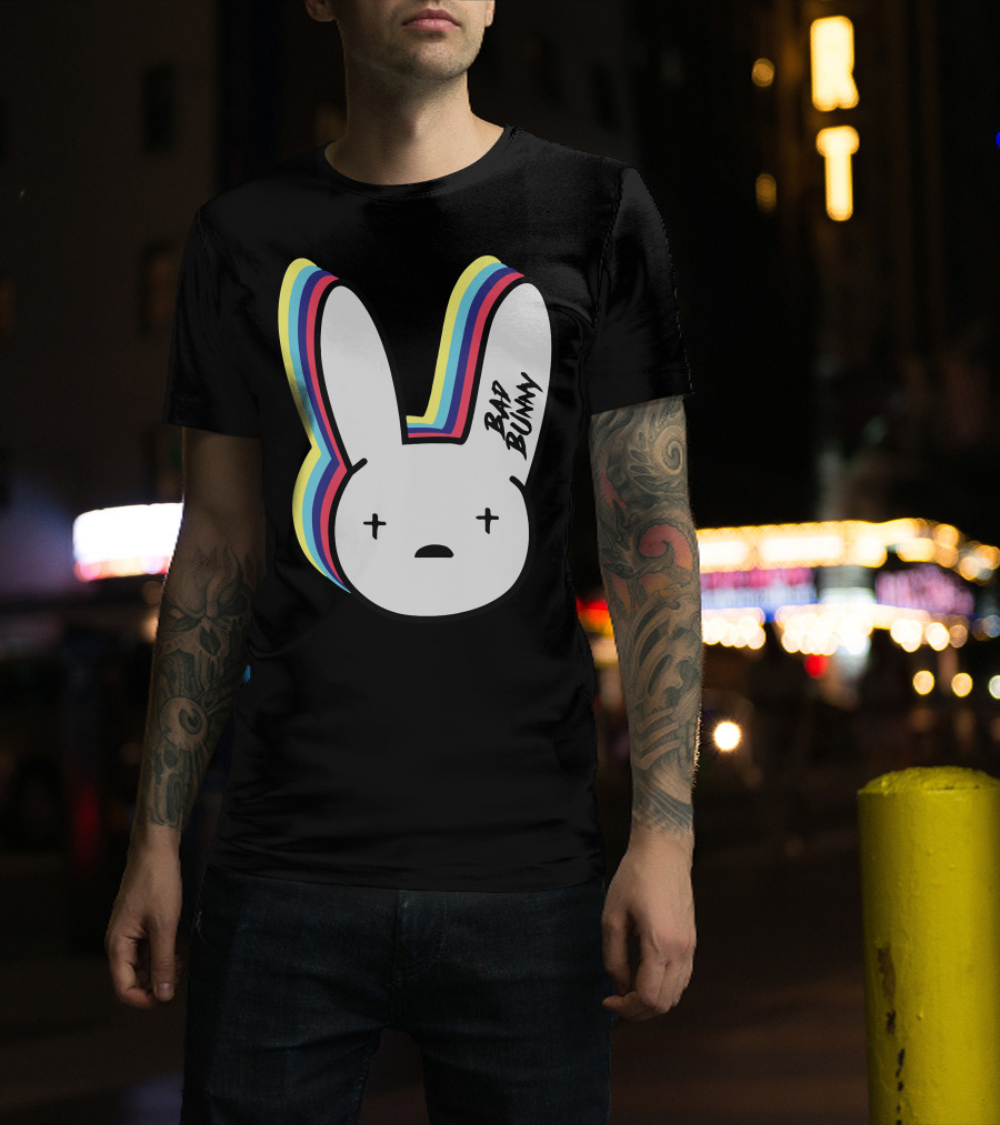 Bad Bunny Cross-Eyed Bunny Head Multicolor Outline T-Shirt