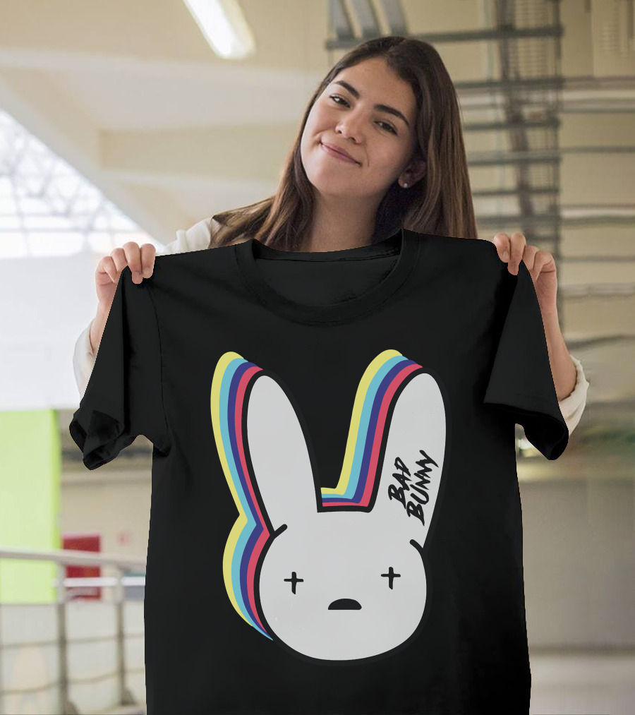 Bad Bunny Cross-Eyed Bunny Head Multicolor Outline T-Shirt