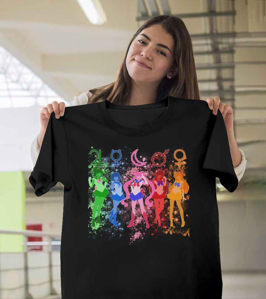 Sailor Moon The Inner Senshi With Planetary Symbols And Colorful Cosmic Background T-Shirt