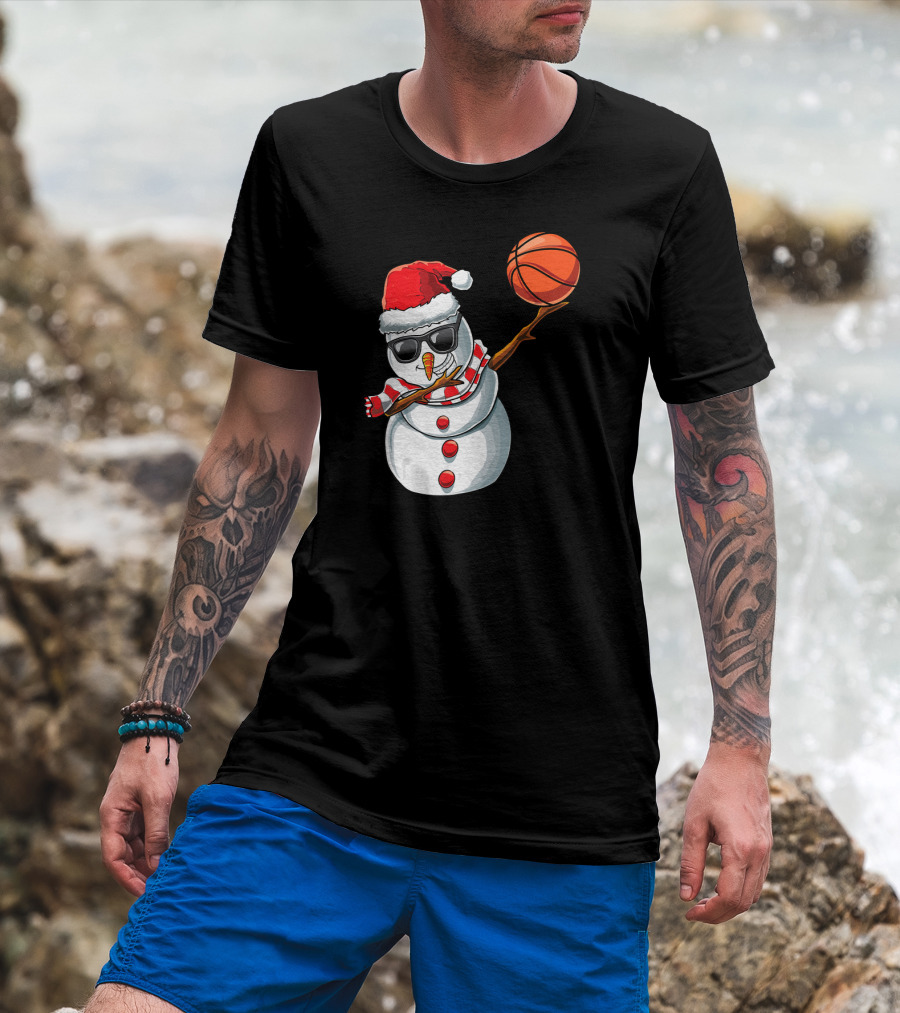 Christmas Snowman Dabbing Basketball Santa Scarf Glasses T-Shirt