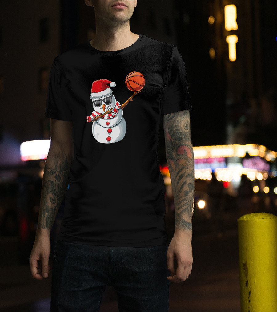 Christmas Snowman Dabbing Basketball Santa Scarf Glasses T-Shirt