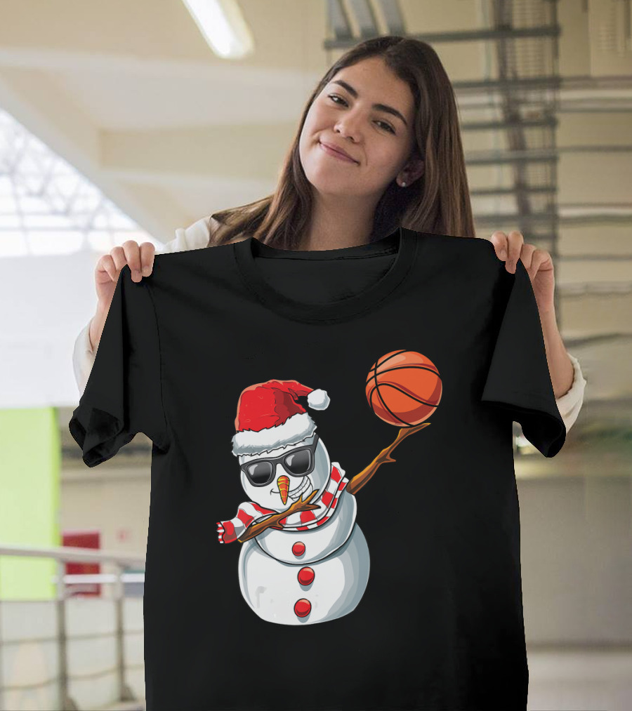 Christmas Snowman Dabbing Basketball Santa Scarf Glasses T-Shirt