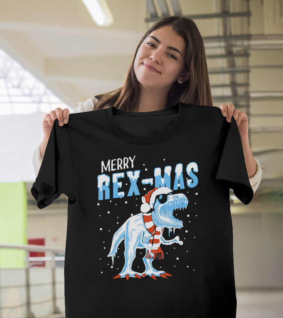 Merry Rexmas Christmas Dinosaur Wearing Santa Hat and Scarf T-Shirt