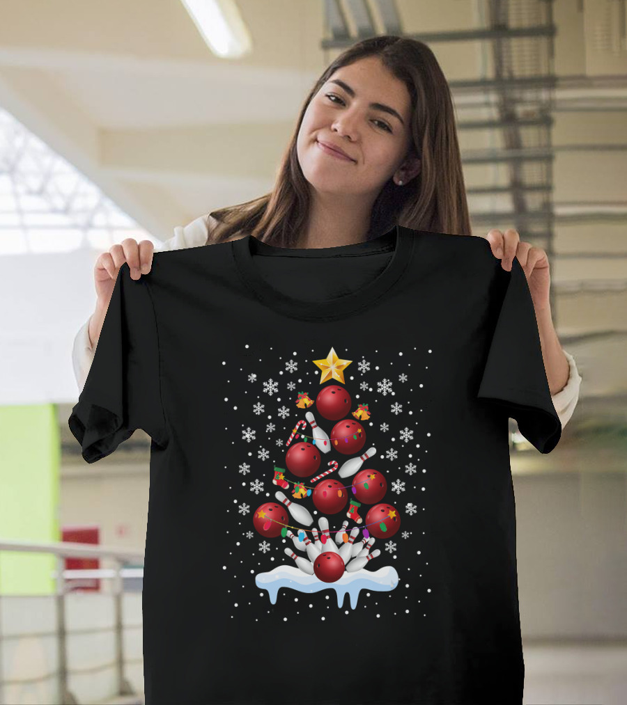 Funny Bowling Christmas Tree Pins Snowflakes Lights T-Shirt