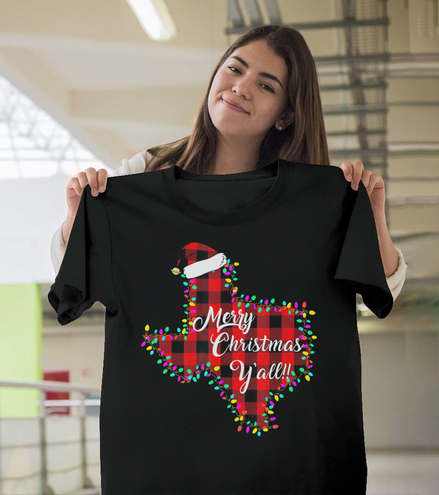 Texas Merry Christmas Y'All Plaid Lights T-Shirt