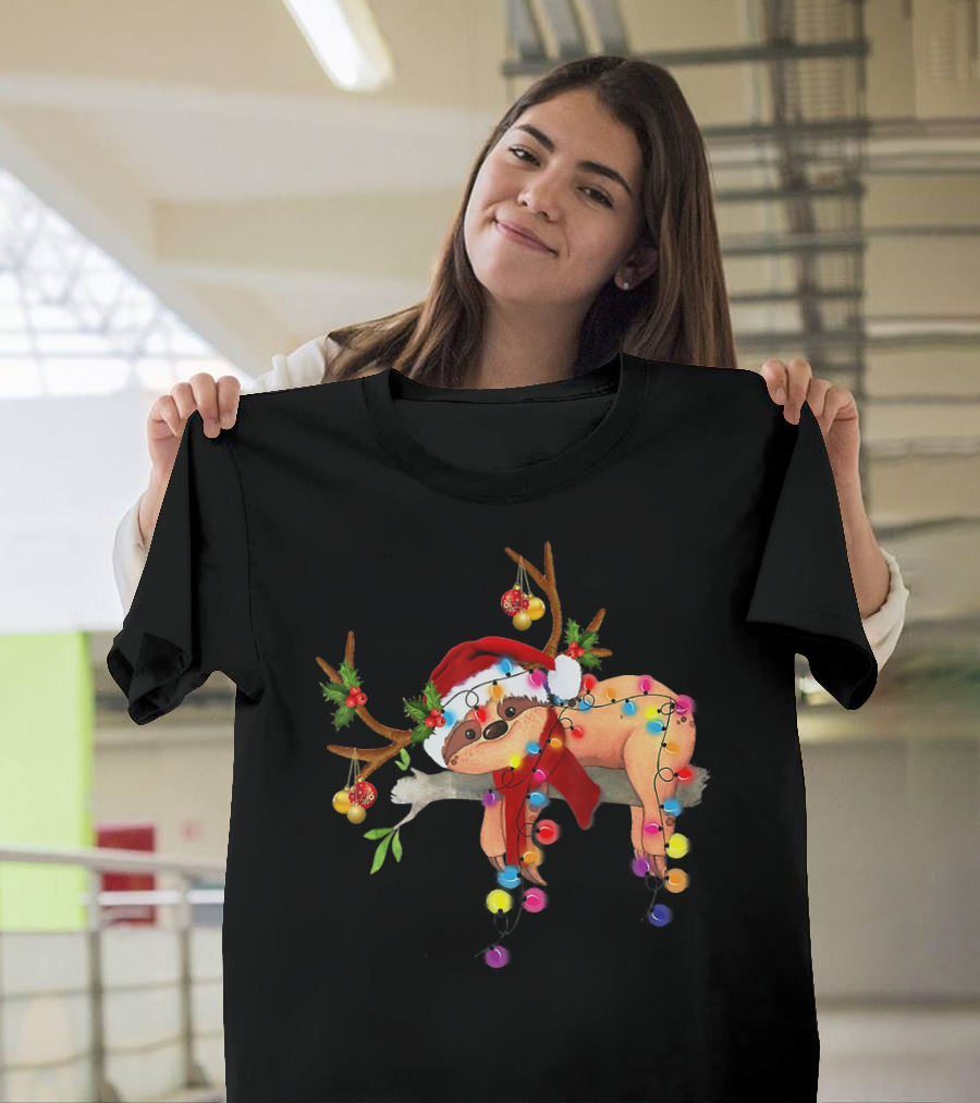 Santa Sloth with Gorgeous Reindeer Antlers and Christmas Lights T-Shirt