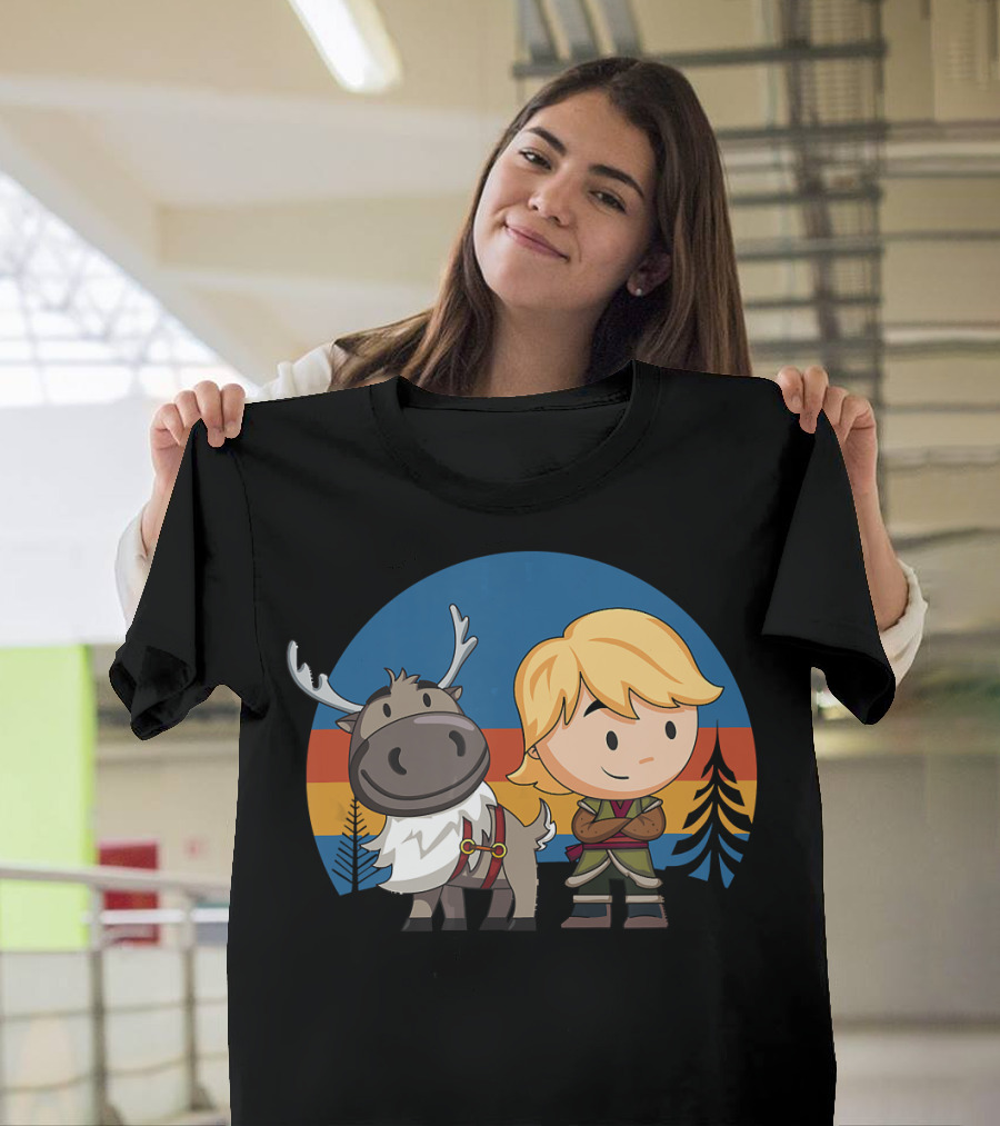 Frozen 2 Chibi Sven and Kristoff Retro Sunset Scene T-Shirt