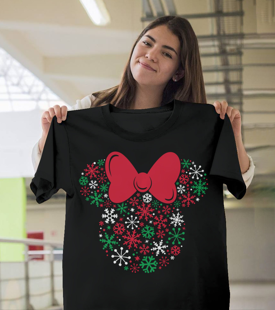 Disney Minnie Mouse Holiday Snowflakes Icon With Red Bow T-Shirt