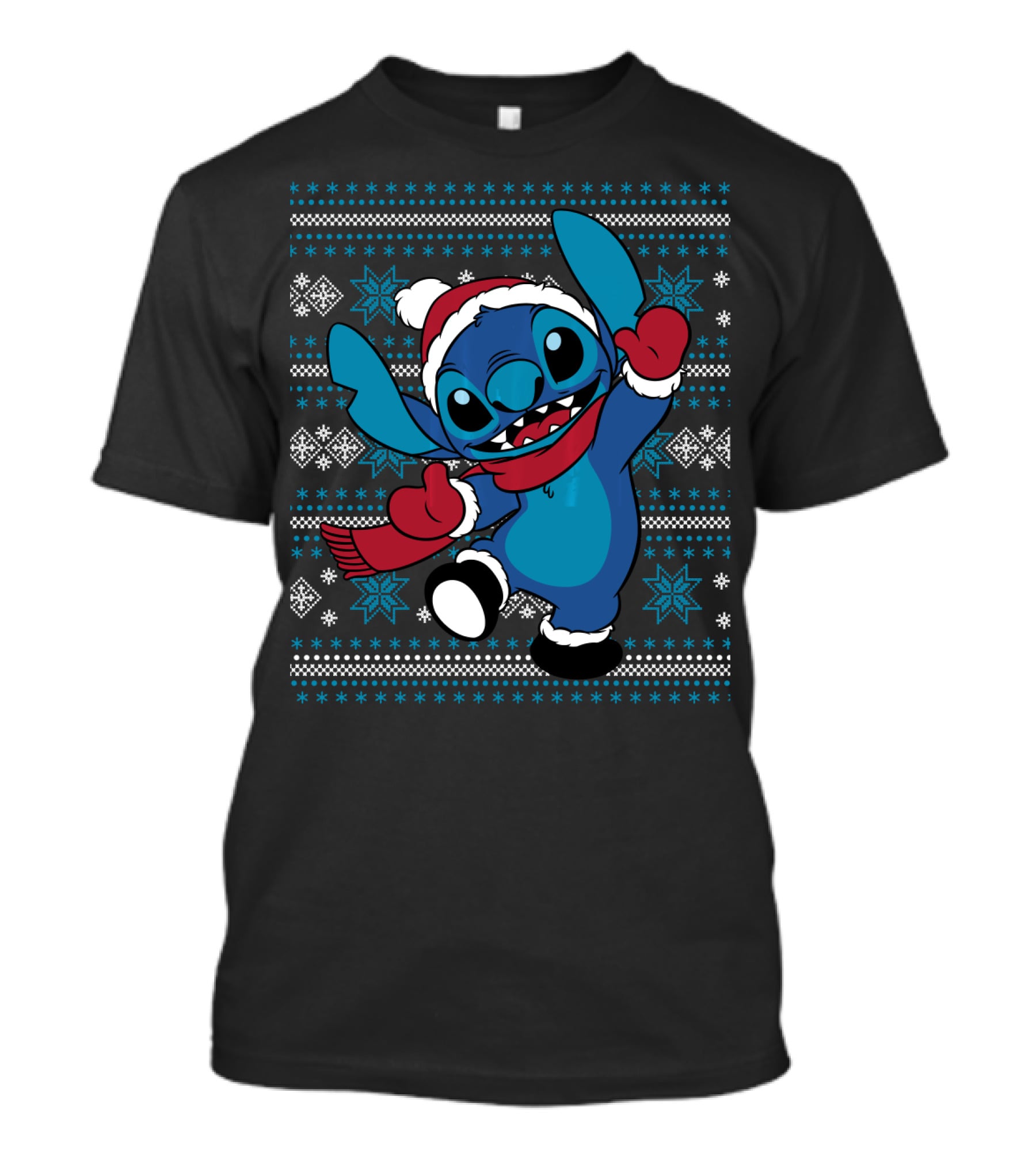 Disney Stitch Happy Holiday Festive Sweater Design With Snowflakes And Santa Hat T-Shirt