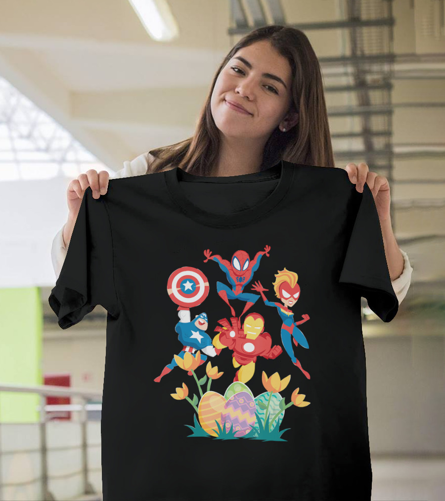 Marvel Avengers Easter Egg Hunt With Captain America Spiderman Iron Man And Captain Marvel T-Shirt