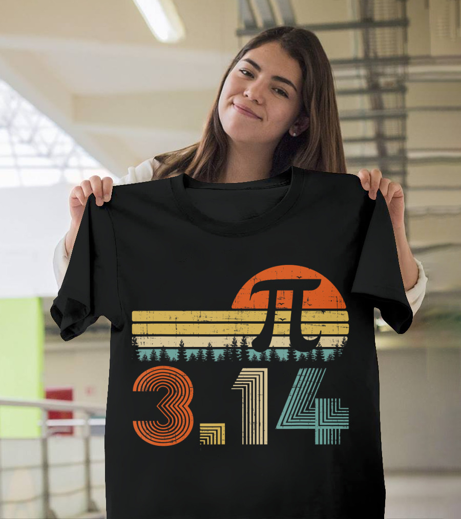 Pi Day Math Teacher 3.14 Retro Sunset Forest T-Shirt