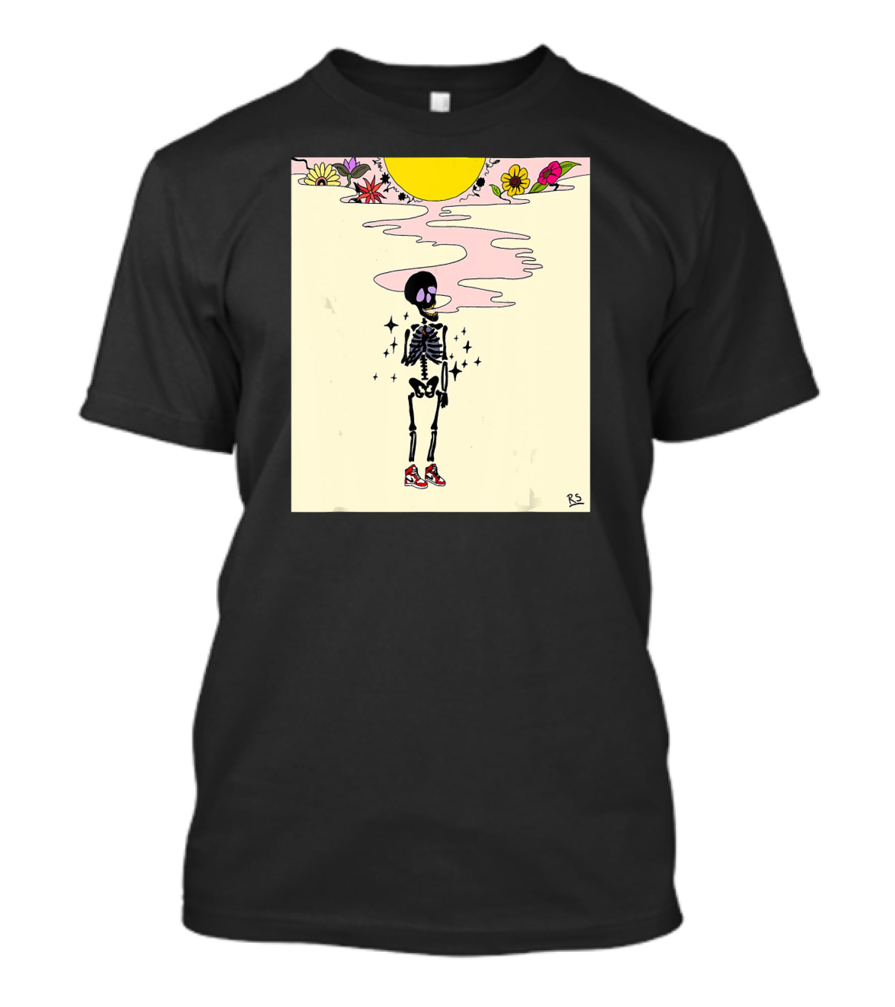 Smoking Skeleton Sun Flowers Sneakers Graphic Fashion T-Shirt