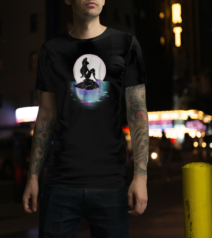 Disney Ariel Little Mermaid Silhouette Against Colorful Sunset Moon T-Shirt
