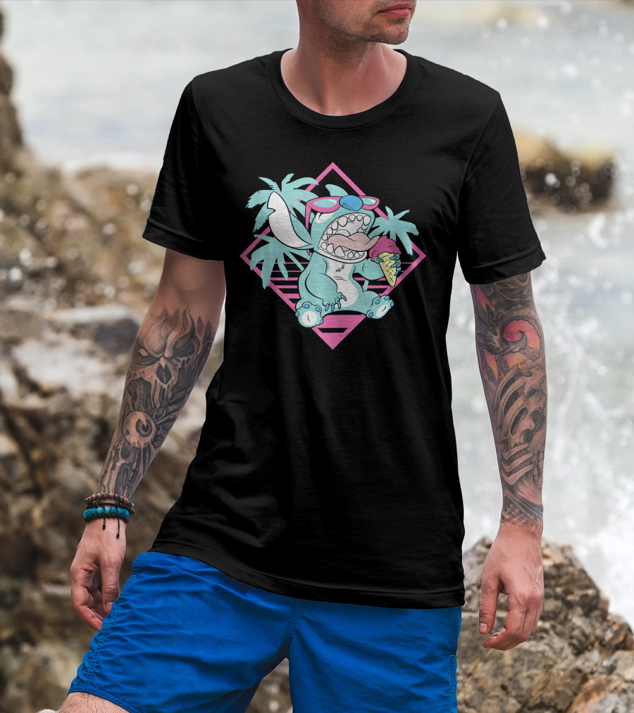 Disney Lilo Stitch 90s Beach Ice Cream Palm Trees Aesthetic T-Shirt