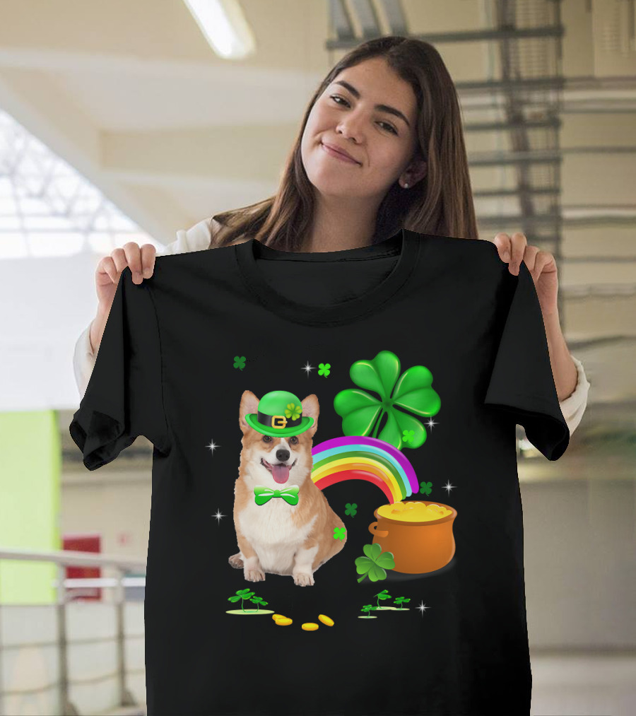 Corgi Dog Shamrock St Patricks Day Leprechaun Rainbow Pot Of Gold T-Shirt