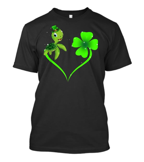 Happy St Patrick's Day Shamrock Turtle With Leprechaun Hat And Green Heart T-Shirt