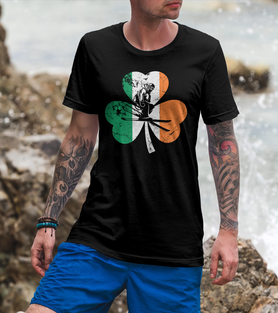 Skiing Shamrock St Patrick's Day Ireland Irish Flag T-Shirt