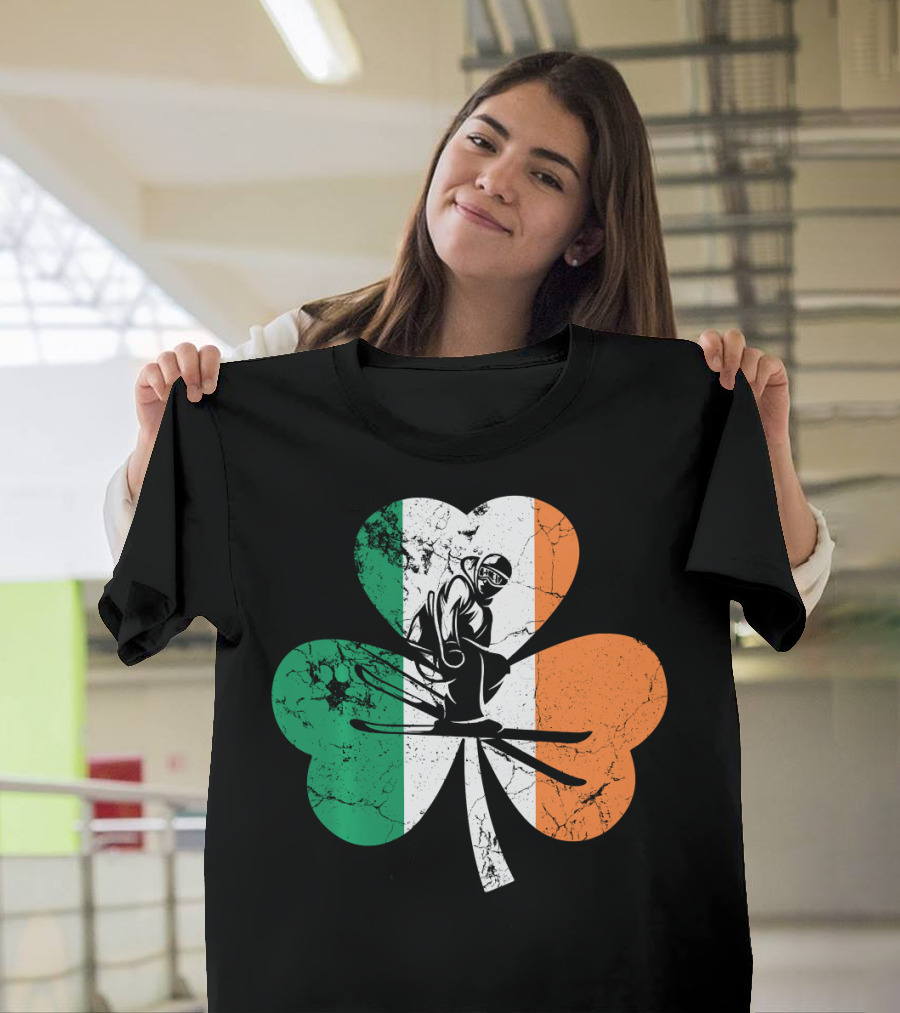 Skiing Shamrock St Patrick's Day Ireland Irish Flag T-Shirt