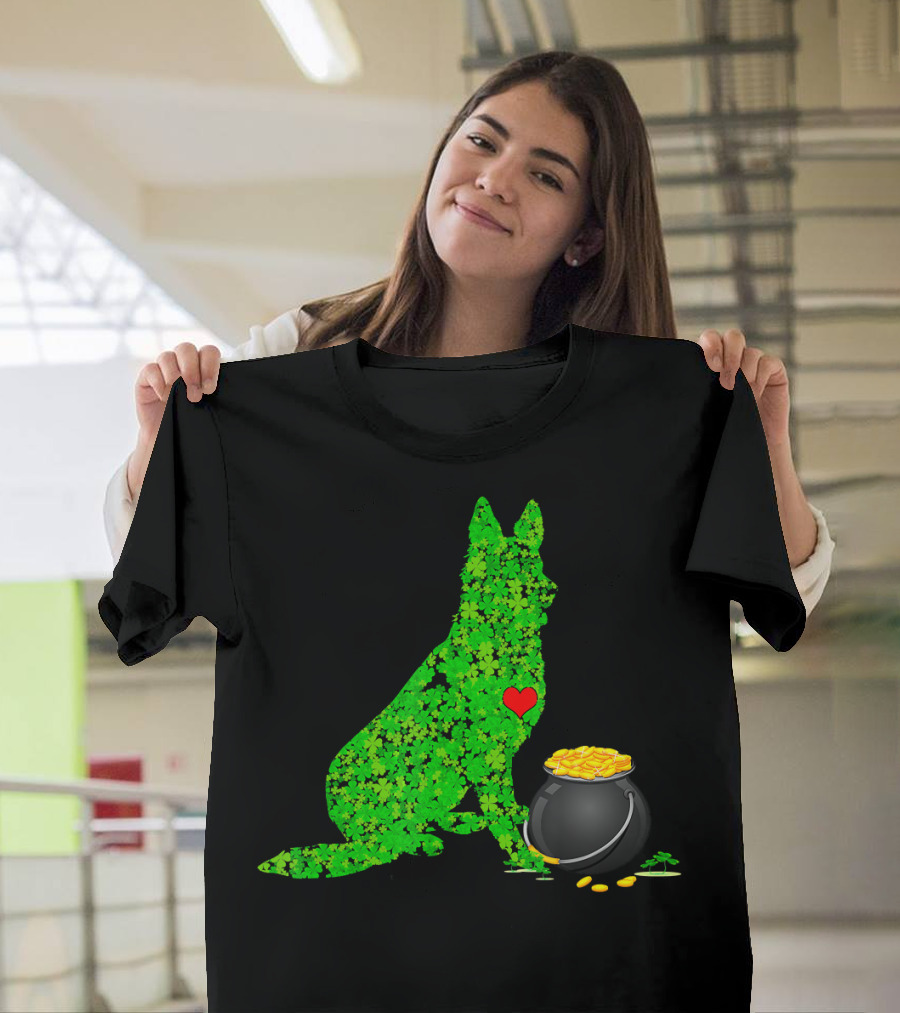 St Patricks Day Shamrock German Shepherd with Pot of Gold T-Shirt