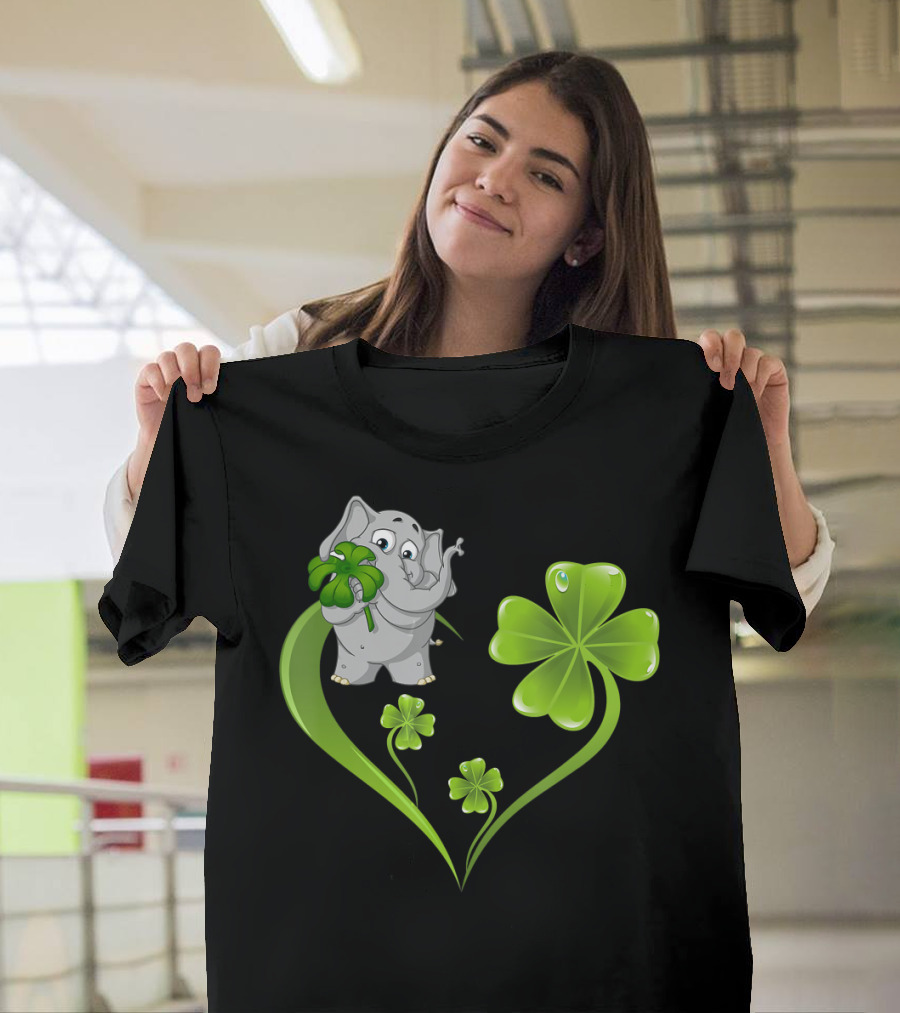 Elephant with Shamrock Heart and Clover Leaves T-Shirt