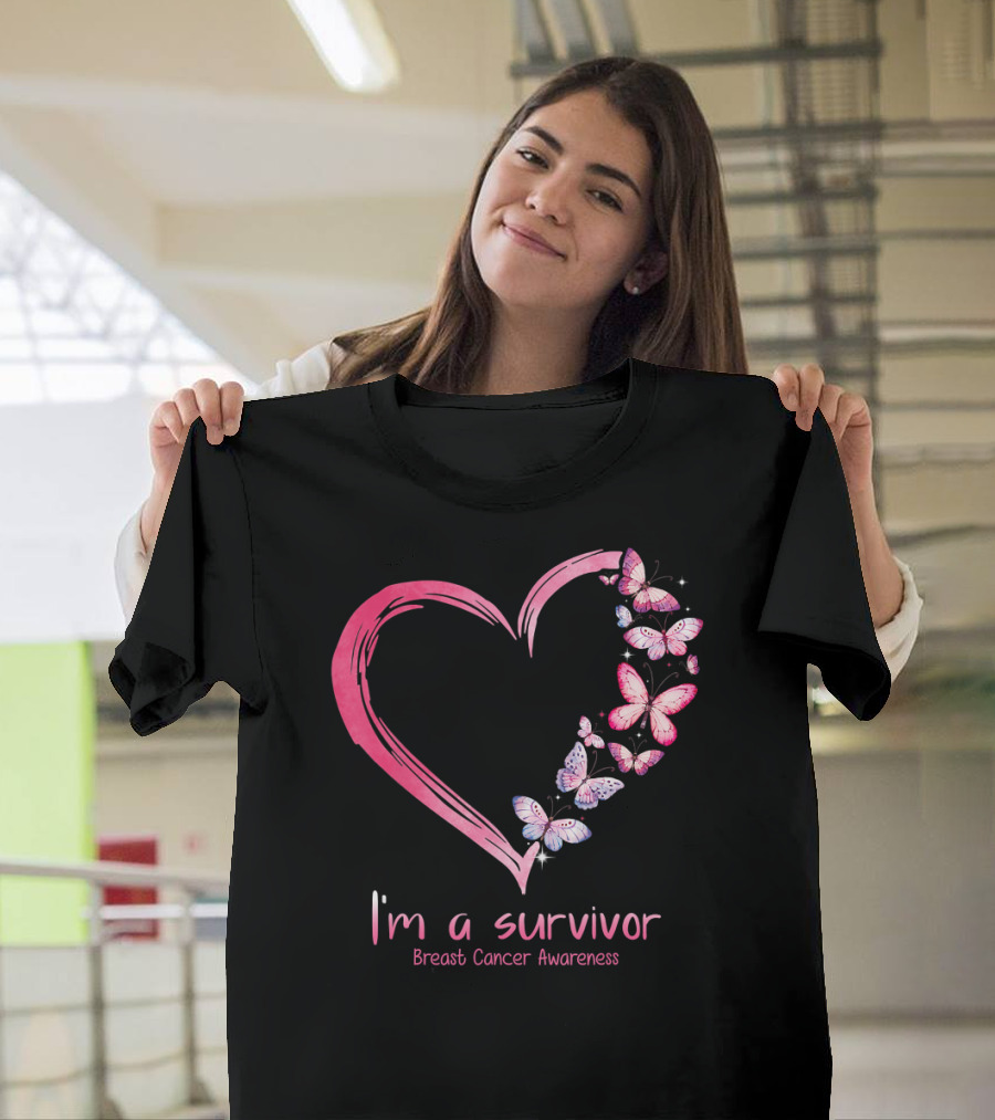 I'm A Survivor Breast Cancer Awareness Pink Heart Butterfly T-Shirt