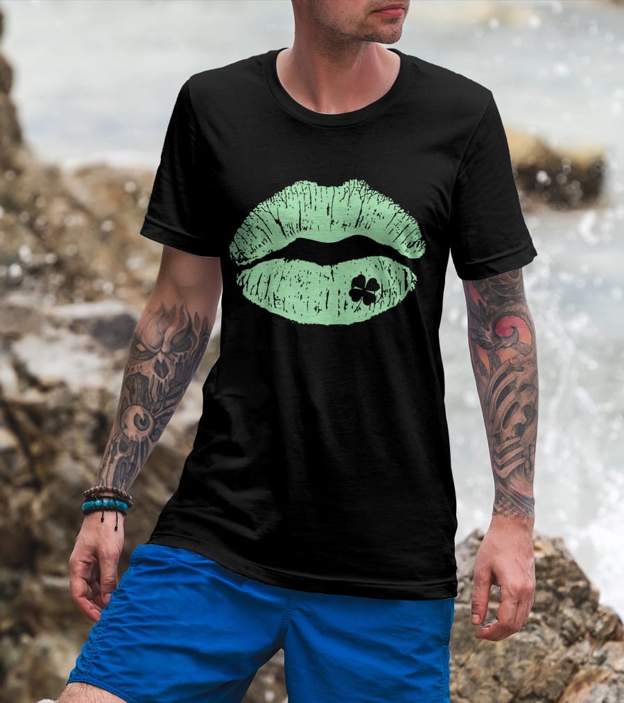 Lips Irish Kiss Clover St Patricks Day Green Shamrock T-Shirt