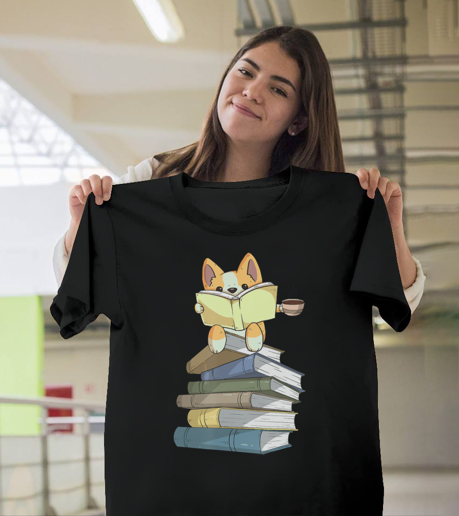Welsh Corgi Reading Books With Coffee T-Shirt