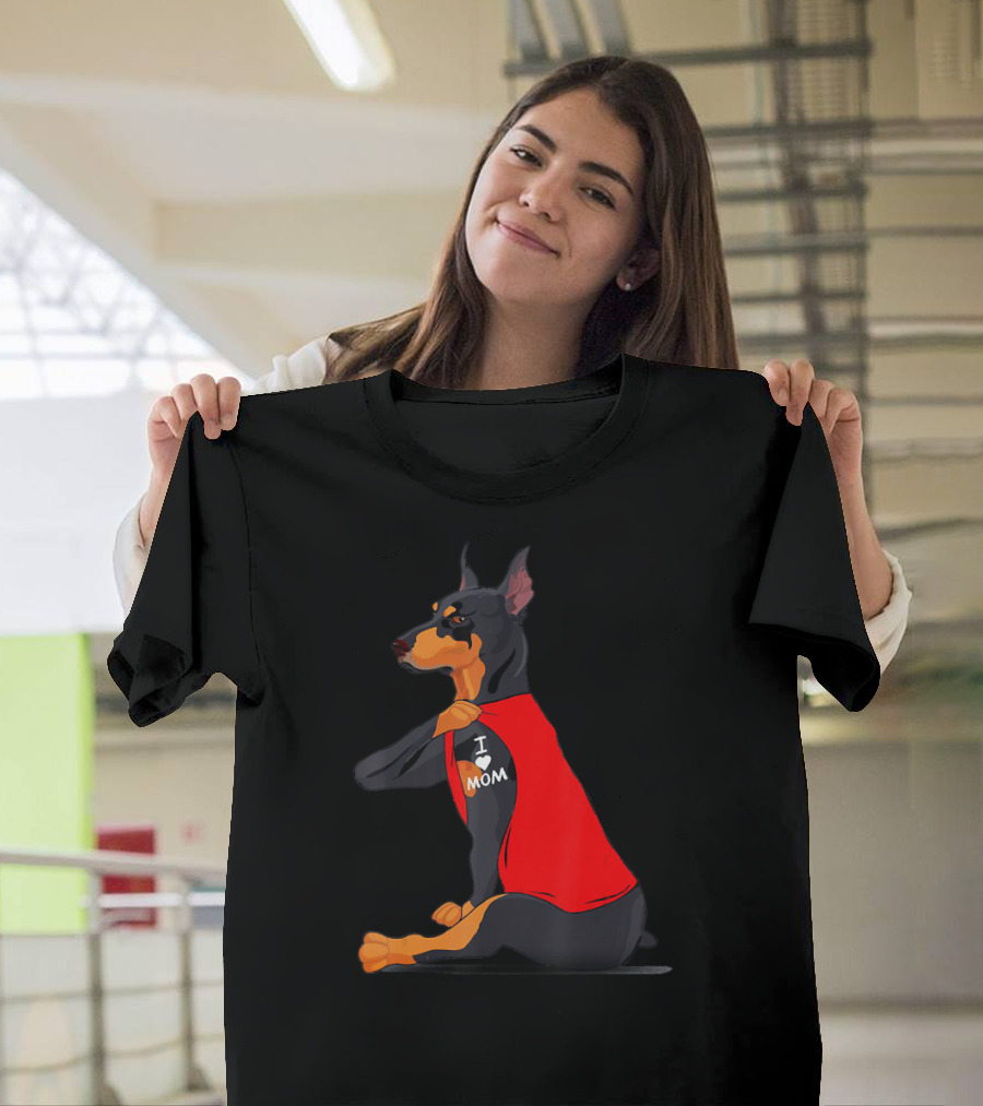 Doberman With Red Shirt And I Love Mom Tattoo T-Shirt
