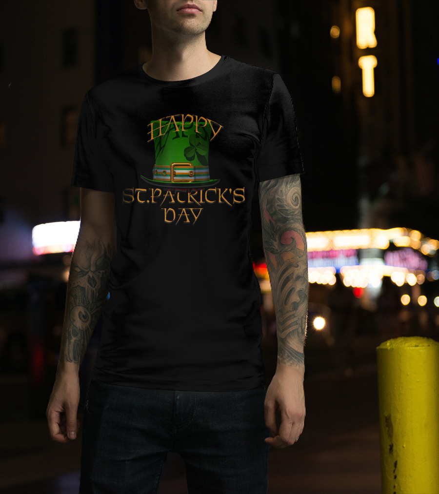 Happy St Patrick's Day Green Top Hat With Shamrock T-Shirt