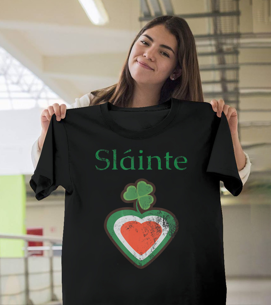 Sláinte Irish Shamrock Heart Green White Red T-Shirt