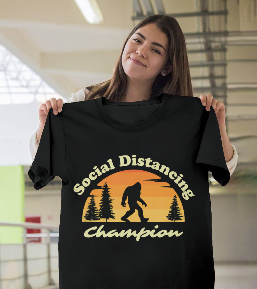 Social Distancing Champion Sasquatch Bigfoot Silhouette Sunset Forest Scene T-Shirt