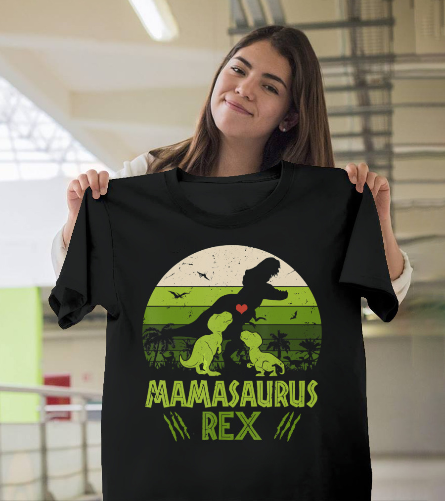 Mamasaurus Rex Dinosaur Lover Heart Jungle Scene With Two Kids T-Shirt