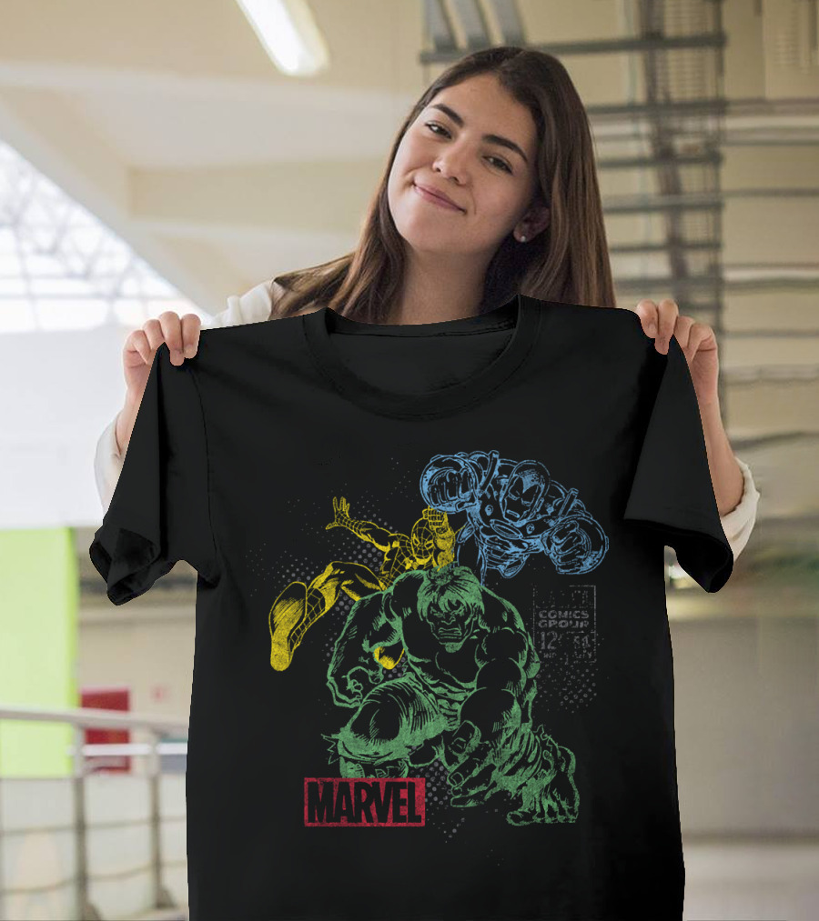 Marvel Hulk Iron Man Spider-Man Vintage Comic Group T-Shirt