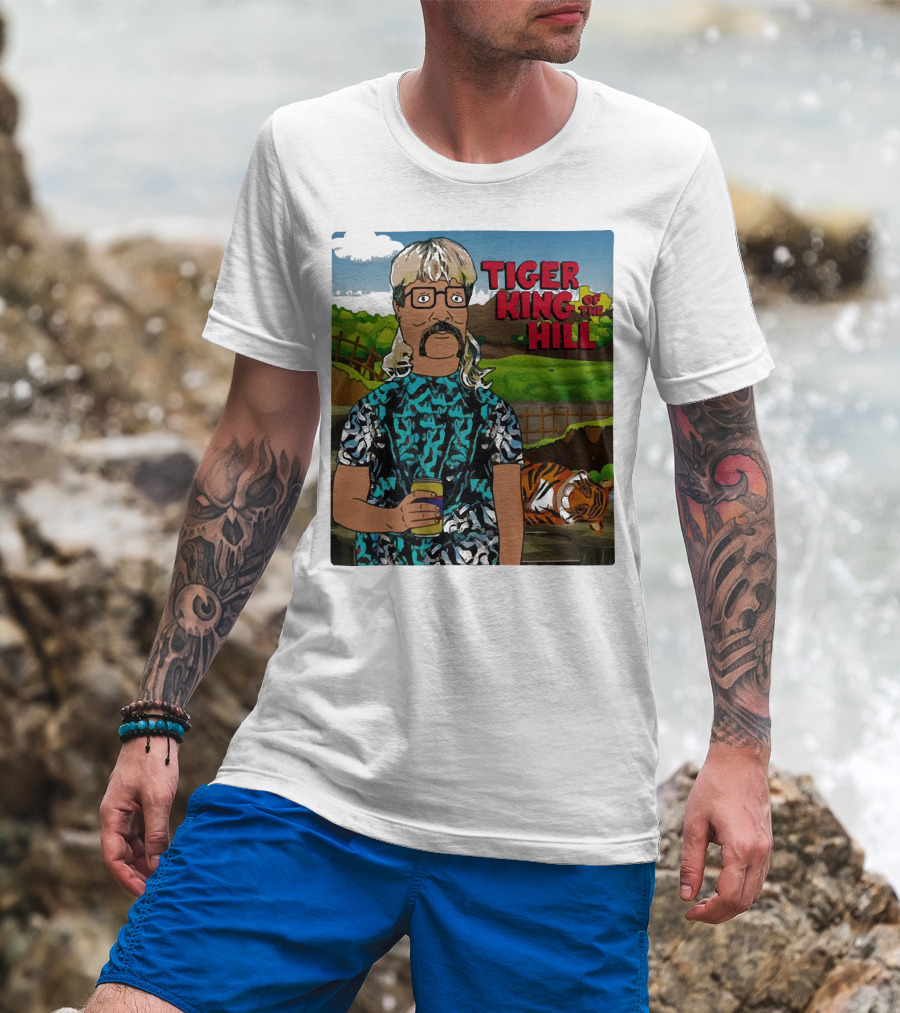 Tiger King Of The Hill In Cartoon Style With Tiger And Guy Holding Drink T-Shirt