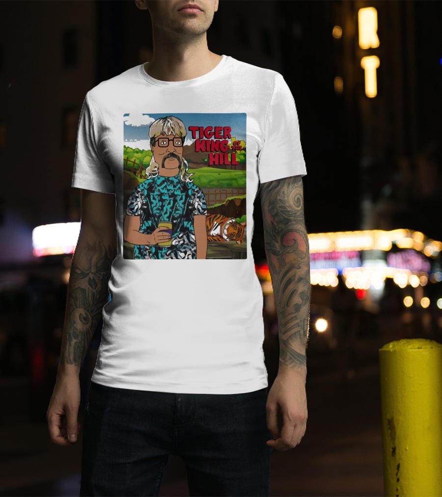Tiger King Of The Hill In Cartoon Style With Tiger And Guy Holding Drink T-Shirt