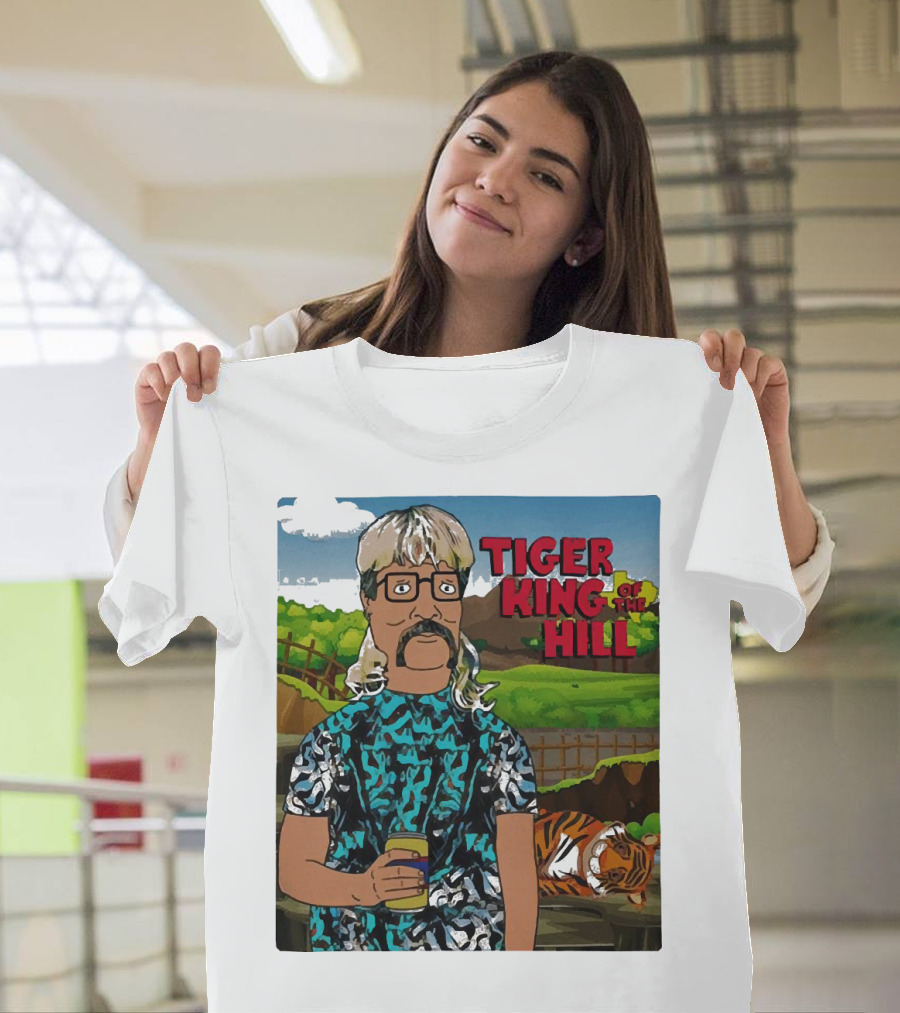 Tiger King of the Hill in Cartoon Style with Tiger and Guy Holding Drink T-Shirt