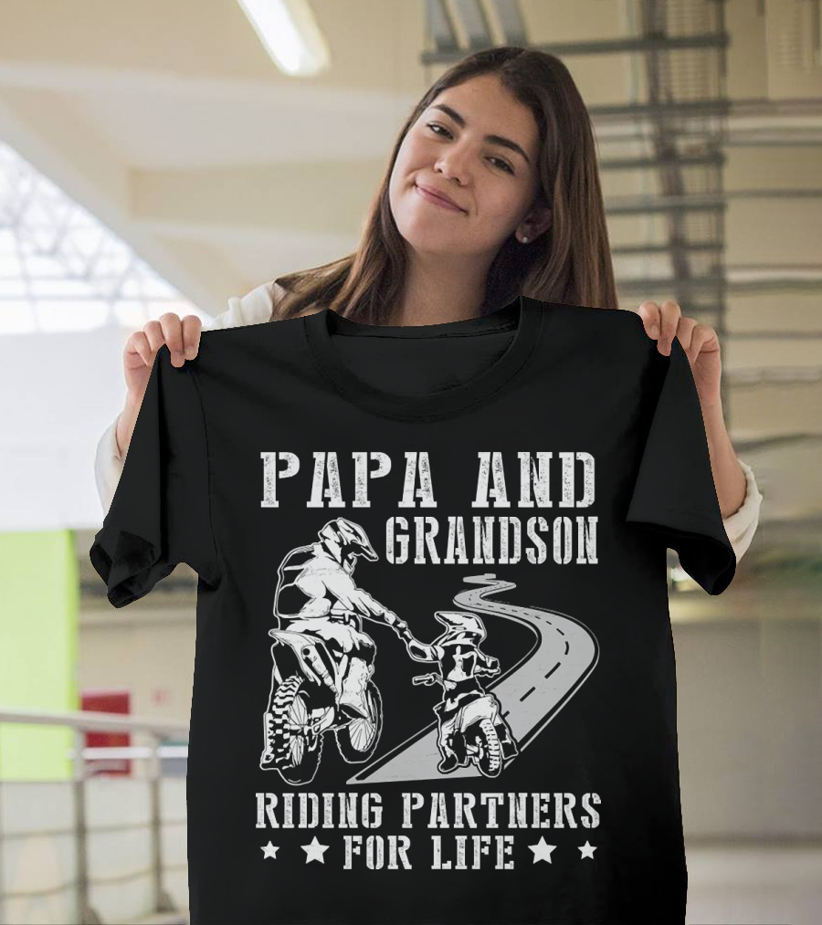 Papa And Grandson Riding Partners For Life Happy Motor Rider Road Adventure T-Shirt