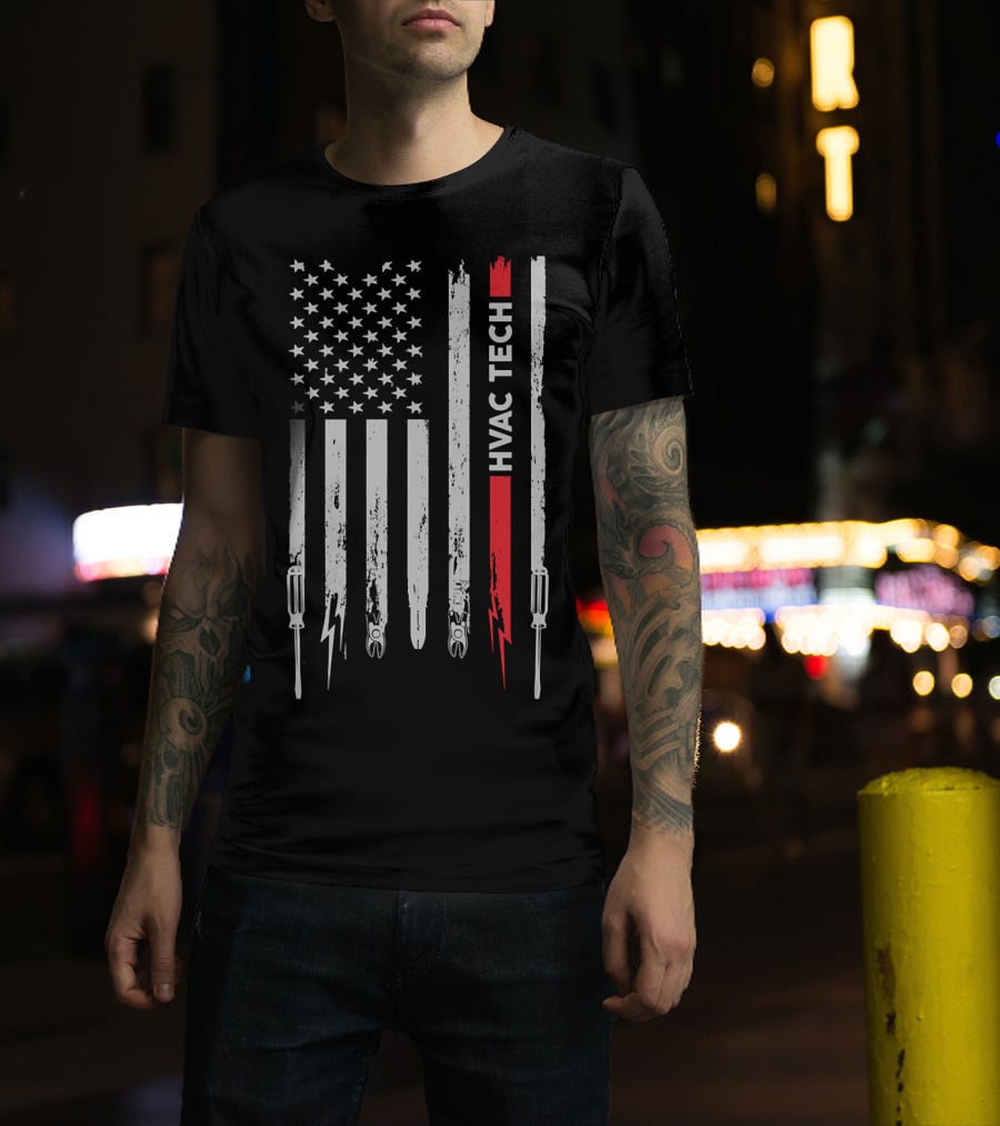 American Flag HVAC Tech Pride With Tools And Lightning 212 T-Shirt