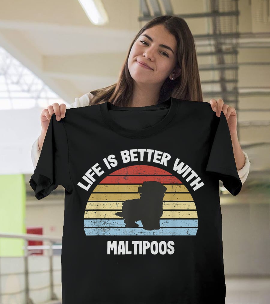 Life Is Better With Maltipoos Retro Silhouette Stripes T-Shirt