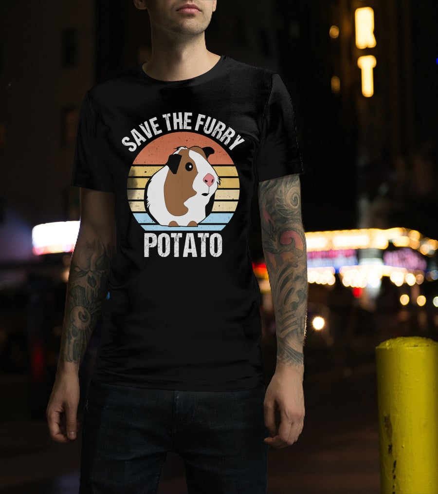 Save The Furry Potato Funny Guinea Pig Retro Sunset 181 T-Shirt