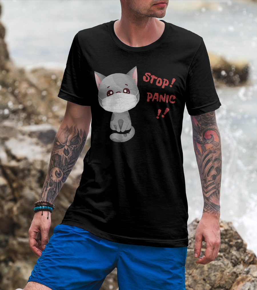 STOP PANIC Masked Cat Alert T-Shirt