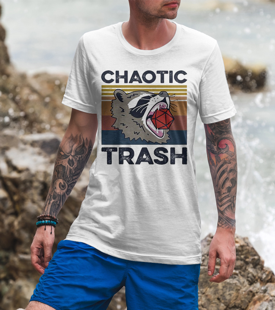 Chaotic Trash Game Raccoon D20 Dice Retro Stripes T-Shirt