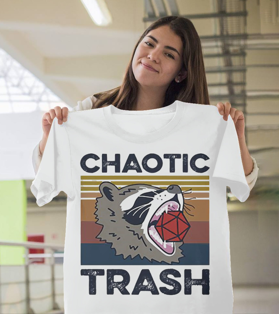 Chaotic Trash Game Raccoon D20 Dice Retro Stripes T-Shirt