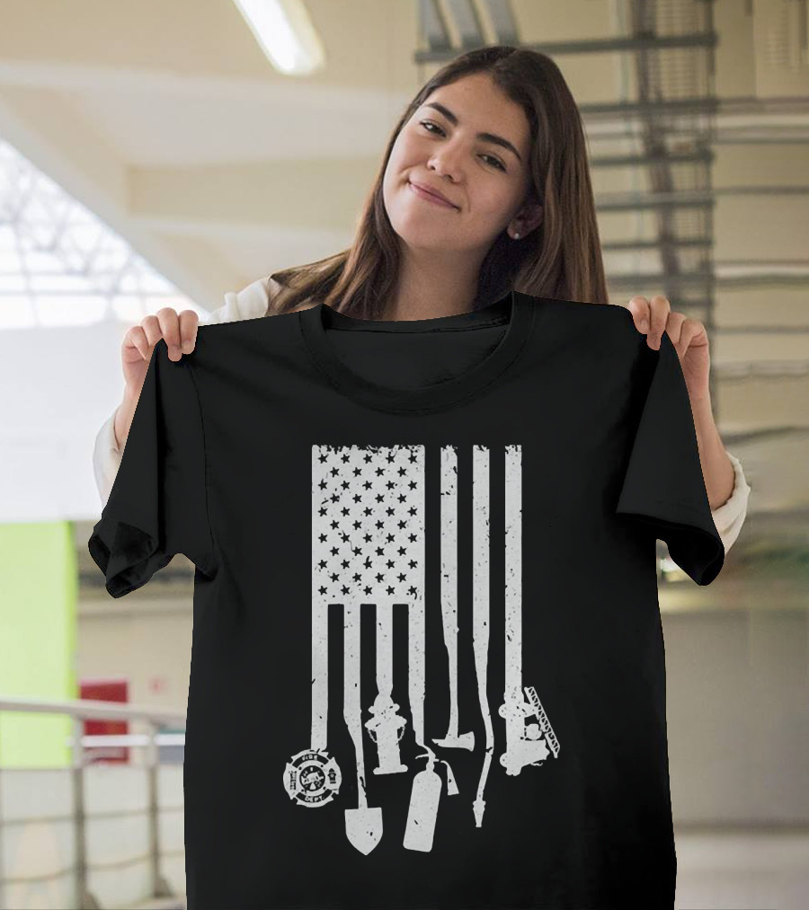 American Flag with Firefighter Tools and Veteran Badge Elements T-Shirt