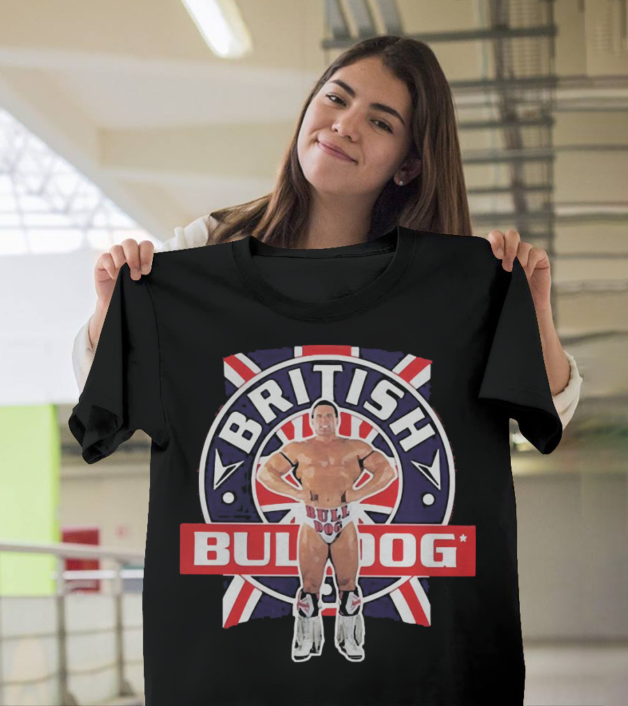 British Bulldog Wrestler with Union Jack Background T-Shirt