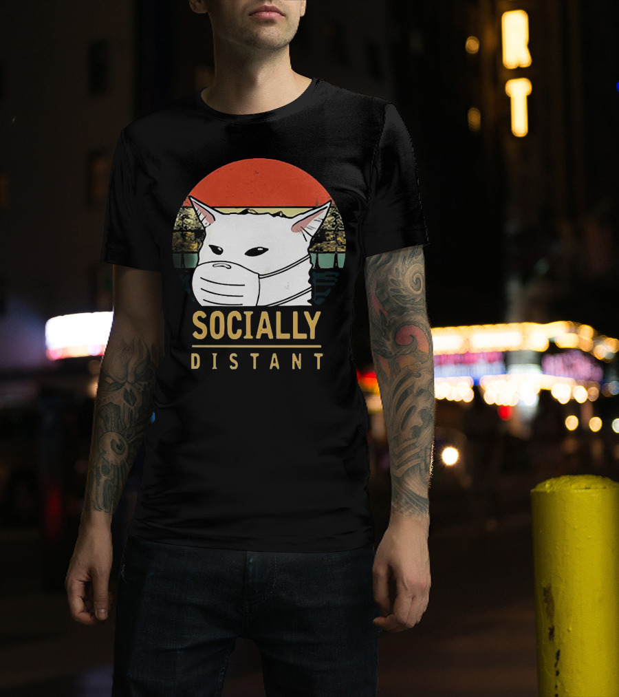 Socially Distant Cat White Masked Sunset T-Shirt