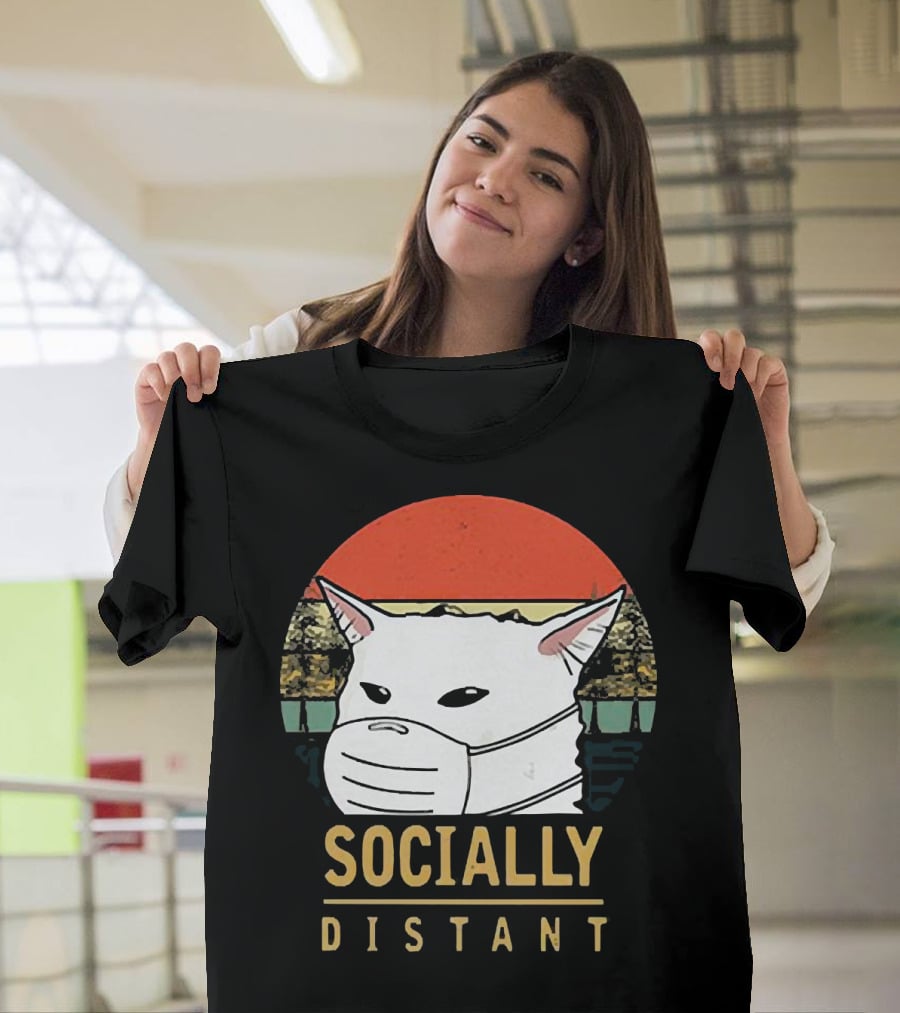 Socially Distant Cat White Masked Sunset T-Shirt